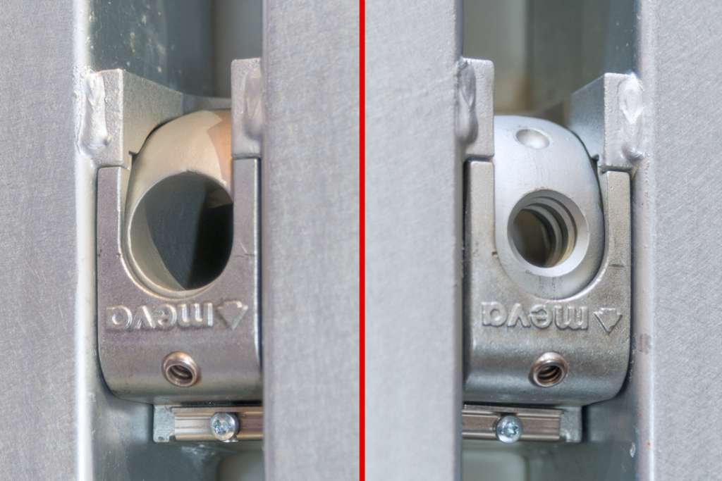 Dispositif pour tiges traversantes Mammut XT de Meva : à gauche, trou lisse pour fixation 2 faces ; à droite, trou avec pas de vis pour fixation 1 face.