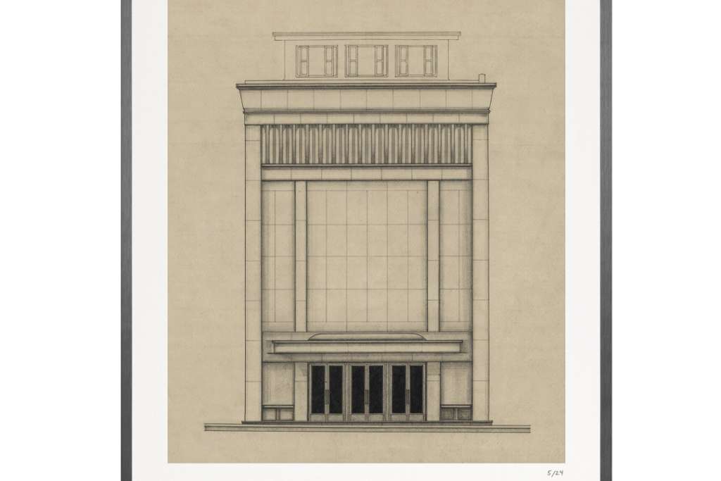 Dessin de la salle Cortot, salle de concert de l’Ecole normale de musique à Paris, qui ressemble à un violon. 180€ [©Desplans.com]