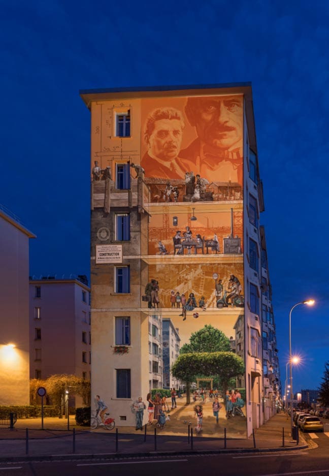 A partir de 1988, les designers de CitéCréation conçoivent et réalisent des peintures monumentales sur ses murs. C’est la naissance du musée urbain Tony Garnier. [©CitéCréation]