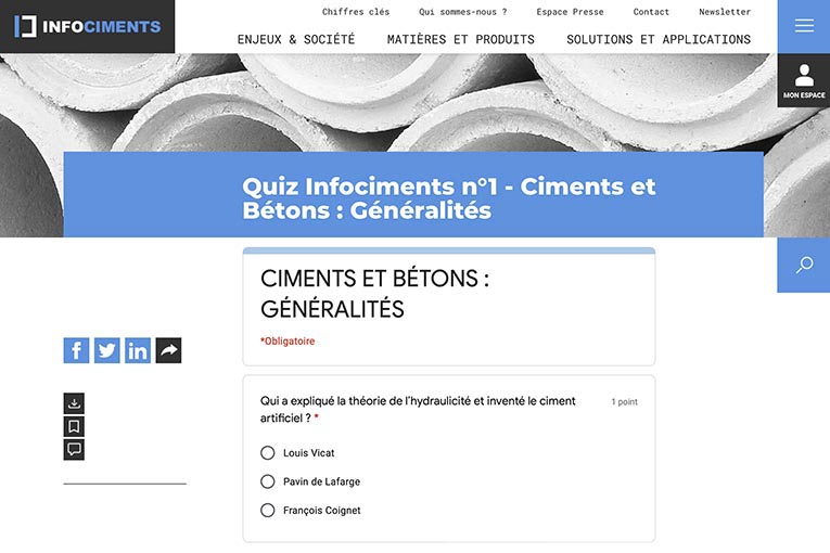 Chaque jour, Cimbéton met en ligne sur son site Internet un quizz.  Au programme, des questions multiples sur l’univers du ciment et du béton. [©DR]