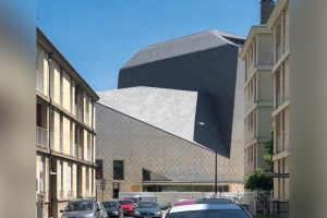 Le nouveau Théâtre du Beauvaisis s’inscrit dans un environnement urbain face à des petits immeubles de logements en R + 4 au maximum. [©AJC]