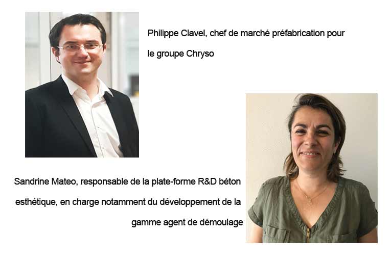 A gauche, Philippe Clavel, chef de marché préfabrication pour Chryso. A droite, Sandrine Mateo, responsable de la plate-forme R&D béton esthétique. [©Chryso] 