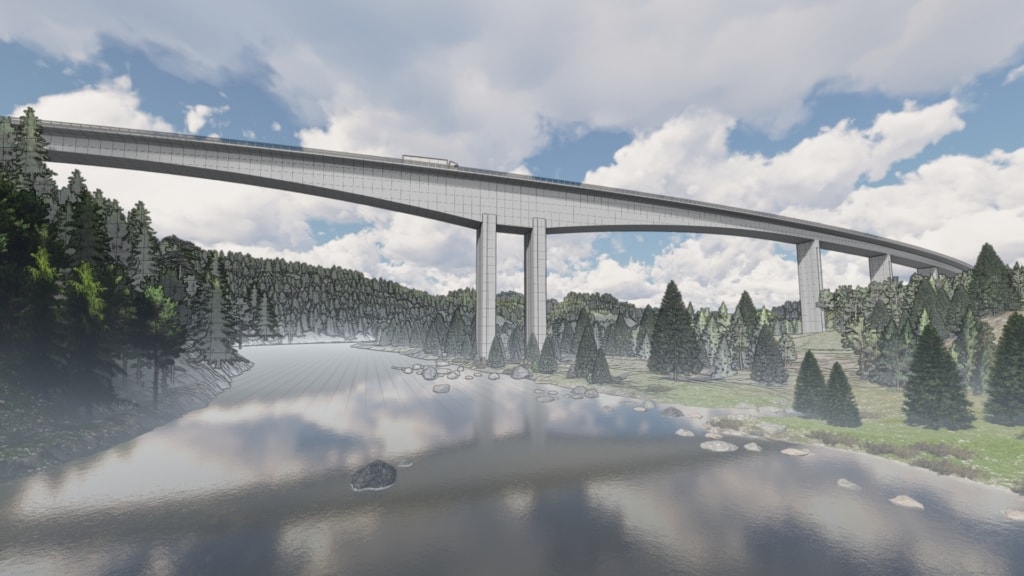 Le pont de Randselva est un ouvrage en béton en porte-à-faux de 634 m de long, construit sans dessin. Il est basé sur des modèles BIM. [©Trimble]