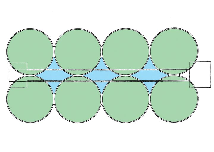 Figure 1 - L’ouvrage est constitué de 8 cylindres en béton en béton de 13 m de diamètre et de 45 m de hauteur (identifiés en vert) et 3 en forme “d’as de carreau” (identifiés en bleu). L’ensemble formant 11 silos à grains.