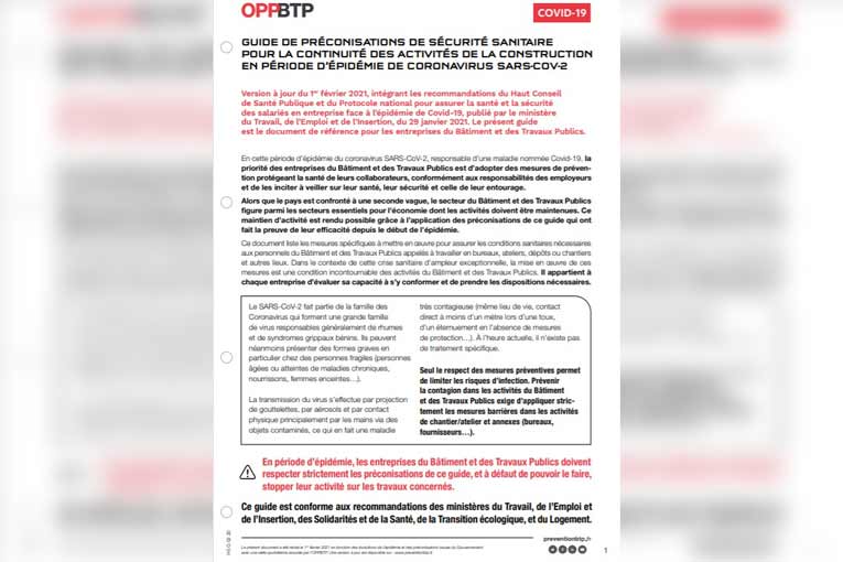 Cette nouvelle fiche conseil de l’OPPBTP vient compléter la boîte à outils Covid19. [©OPPBTP]