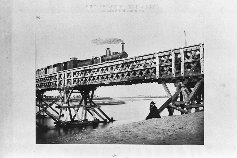 Ponts italiens : Pont provisoire de plaisance. Travée américaine de 25 mètres de portée. [Deroche & Heyland, photographes, 1863©Ecole nationale des ponts et chaussées]