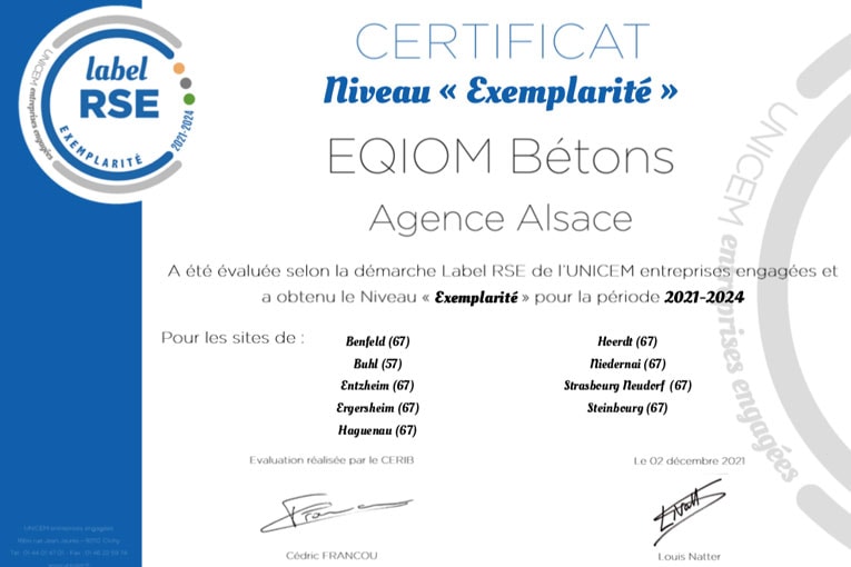 Eqiom Bétons reçoit le plus haut niveau du label RSE pour ses agences situées en Alsace, en Bourgogne, en Ile-de-France et au Nord-Pas-de-Calais. [Eqiom Bétons]