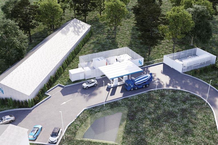 Perspective 3D de la future station hydrogène HYmpulsion, sur le site de Vicat, de Saint-Egrève (38). [©Vicat]