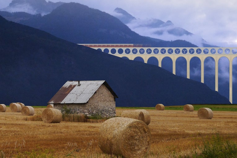 Le travail des 4 étudiants primés, représentant un pont en béton traversant la montagne. [©La Villa maison de communication]