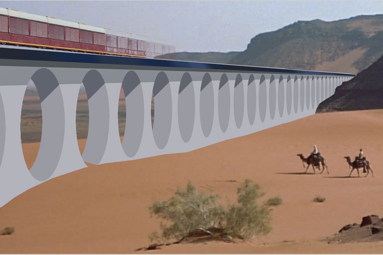 Le travail des 4 étudiants primés, représentant un pont en béton traversant le désert. [©La Villa maison de communication]
