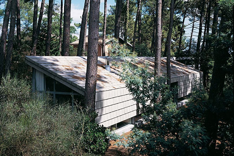 La maison du Lac (p. 157), implantée au beau milieu des pins (Brachard de Tourdonnet Architectes), se réfère à l’architecture des maisons scandinaves ou des chalets américains, bien qu’en béton ! [©Fabienne-Delafraye/Jean-Christophe Garcia/Arnaud-Saint-Germes]