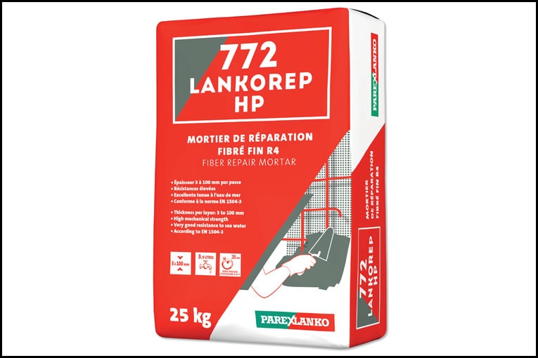 772 Lankorep HP qui se destine aux grosses réparations de structures, s’applique jusqu’à 10 cm de d’épaisseur en une seule passe. [©Parexlanko]