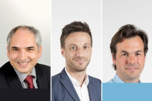 De gauche à droite : Roger Lopes, directeur général adjoint, Benjamin Cardinal, directeur régional adjoint Ile-de-France des travaux neufs, et Matthieu de Renéville, directeur général de Menuiserie Cardinal au pôle Bois chez NGE Bâtiment. [©DR]