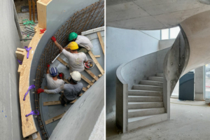 L’industriel Tournebois a conçu le coffrage d’un escalier balancé avec garde-corps en béton fini. [©Tournebois]