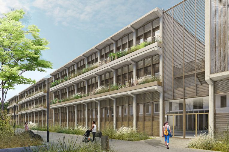 L’architecture du collège Voltaire valorise la lecture de l’ossature porteuse, dégageant une légèreté des volumes et des espaces intérieurs lumineux. [©Brenac & Gonzales & Associés]