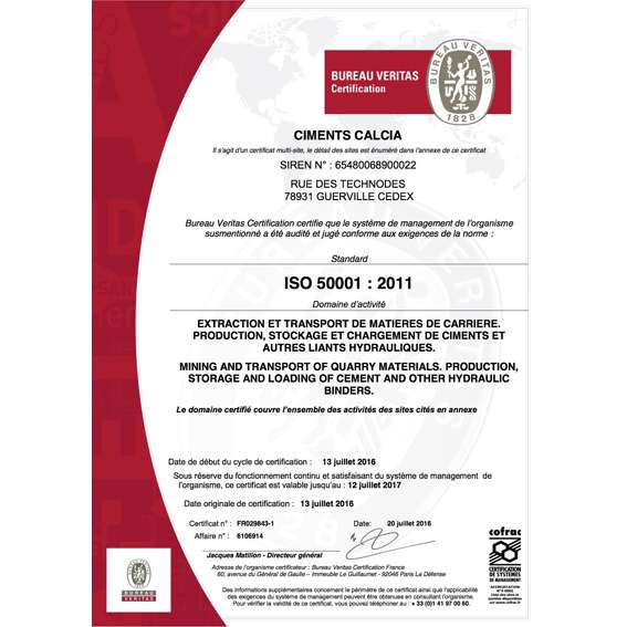 Ciments Calcia obtient la certification ISO 50001
