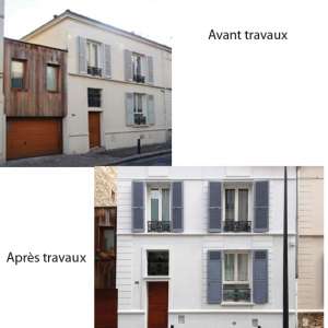 - A Saint-Denis, avant travaux, une façade traditionnelle d’une maison individuelle des années 1920 située dans un secteur protégé, et dont l’aspect d’origine doit être impérativement conservé. - Les travaux d’isolation terminés, rien ne permet, hormis la surépaisseur par rapport au mur voisin, de distinguer l’ancienne façade de la nouvelle. [©FCA]